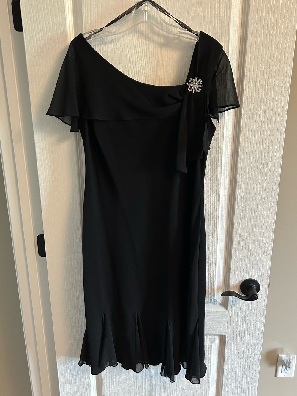 S.L. Fashions Black One-Shoulder Cocktail Dress with Brooch Accent